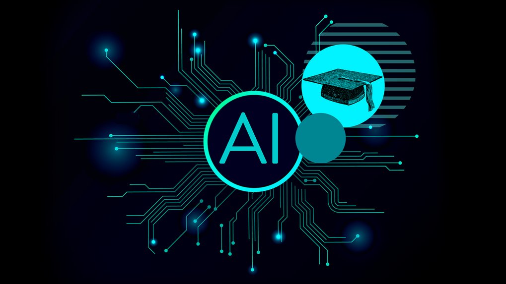 Digital representation of artificial intelligence featuring a network of illuminated circuit paths and an academic graduation cap symbol.
